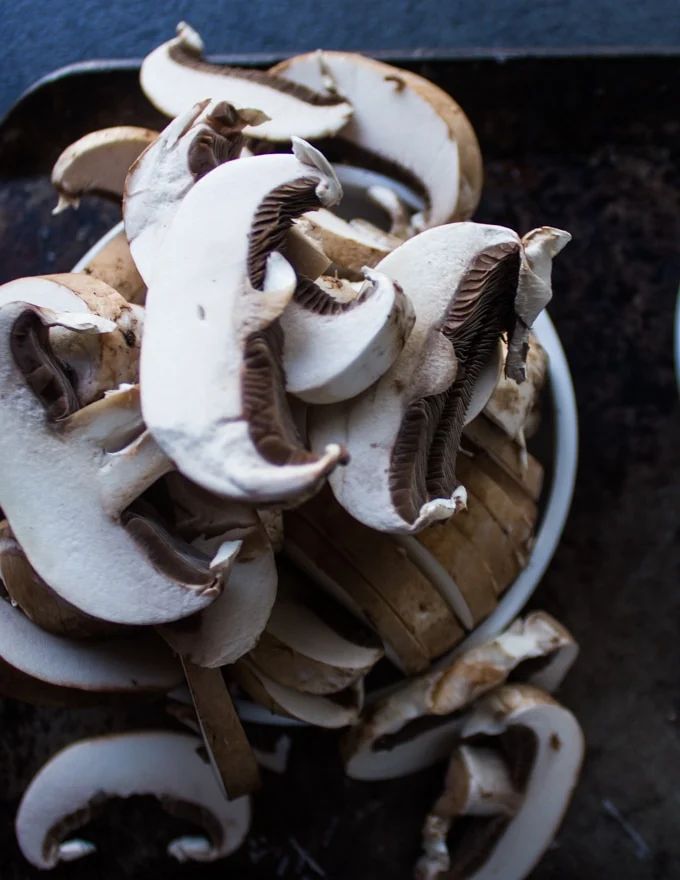 A plate with sliced cremini mushrooms