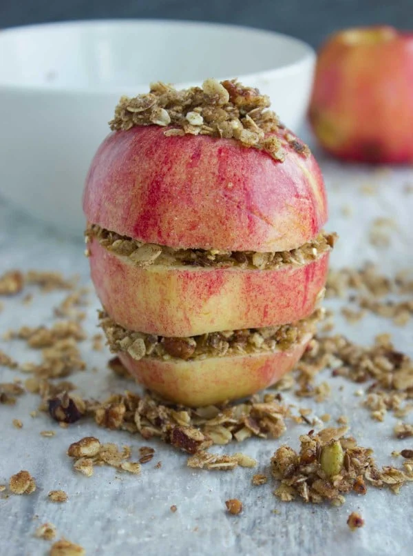 apple filled with granola crunch ready to be baked