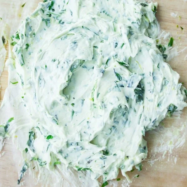 Cream cheese mixed with flavorings and ready to be chilled