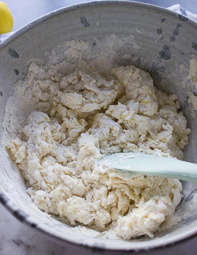 Drop biscuits dough coming together and ready for the blueberries
