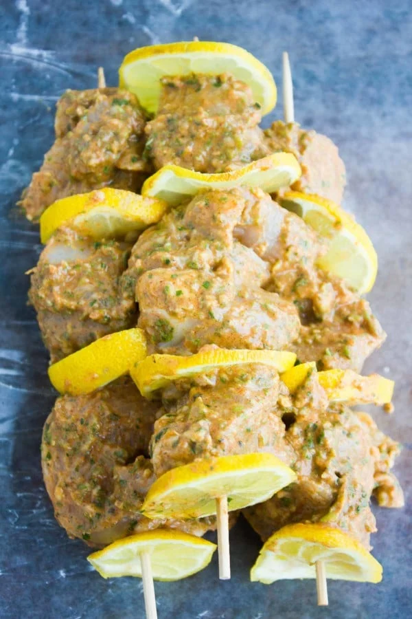 uncooked Turkish Chicken Skewers ready to be grilled