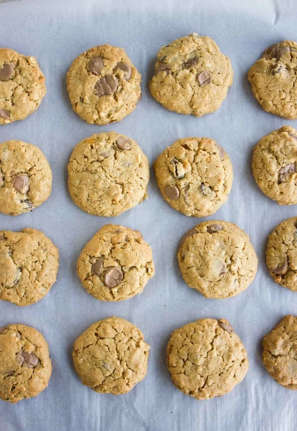 freshly baked Peanut Butter Chocolate Chip Cookies on a tray