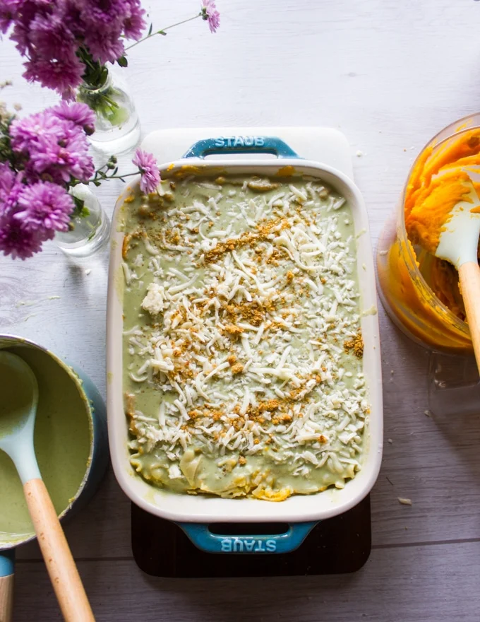finished layered butternut squash lasagna ready for the oven