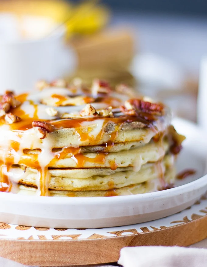 close up of one stack of cinnamon pancakes recipe