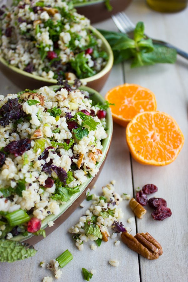 Mixed Grain Kale Citrus Salad. A zesty vibrant fresh salad you can serve warm, cold, picnic day, busy day or for lunch next day! Perfectly Vegan and loaded with grain goodness! Get the recipe for this salad and a citrus salad dressing you'll make over and over again! foodallianceblog.com