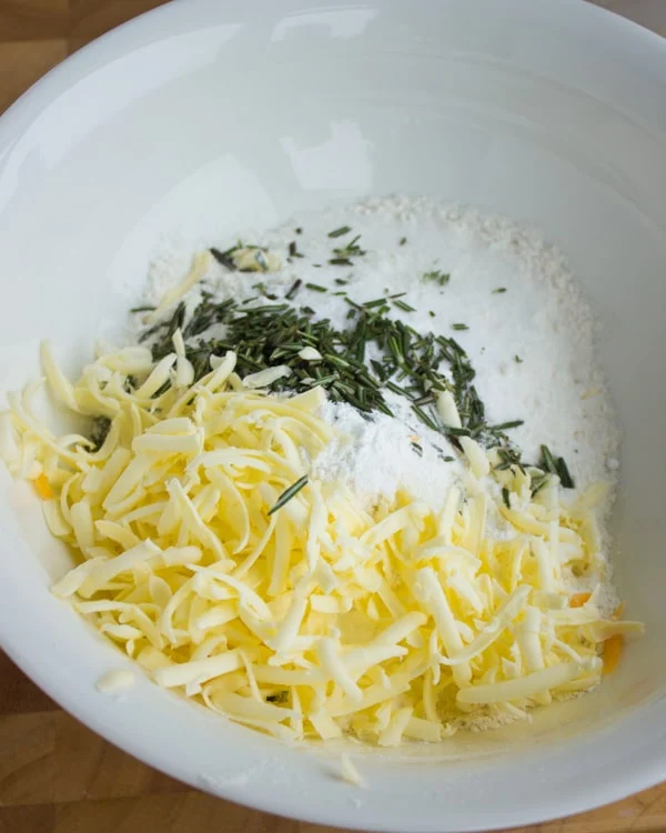 biscuit ingredients gathered in a mixing bowl