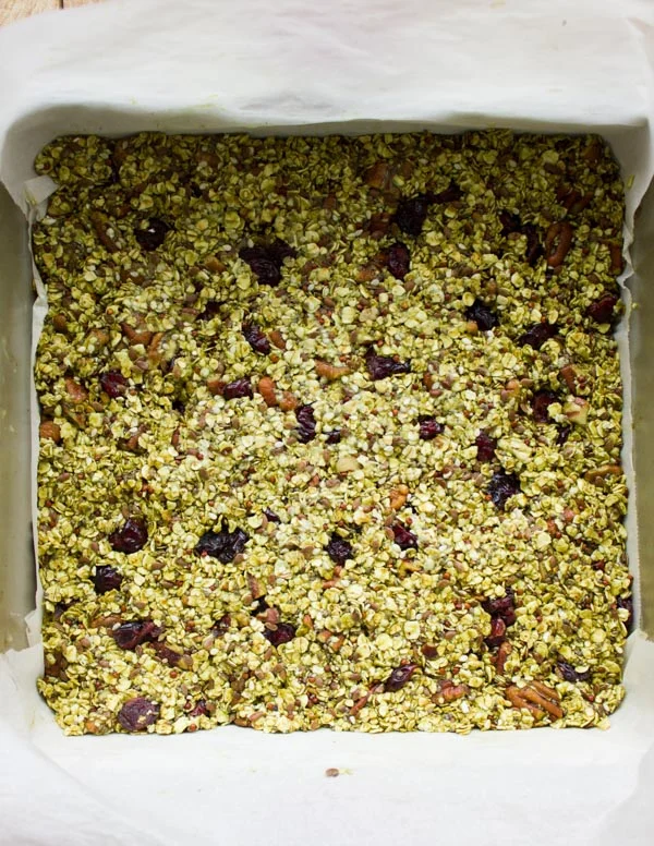 Banana Matcha Granola bars in a rectangular pan
