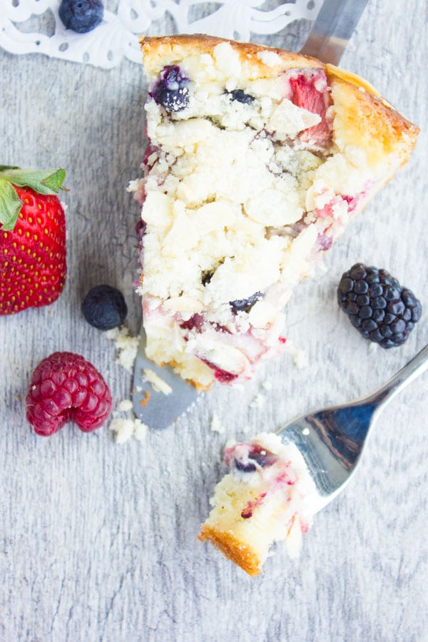 Cheesecake Streusel Raspberry Cake. The perfect start to a perfect day starts with this buttery tender cake, topped with a layer of cheesecake, a layer of berries and a layer of buttery almond streusel. My all time favorite recipe and I can't wait for you to try it! foodallianceblog.com