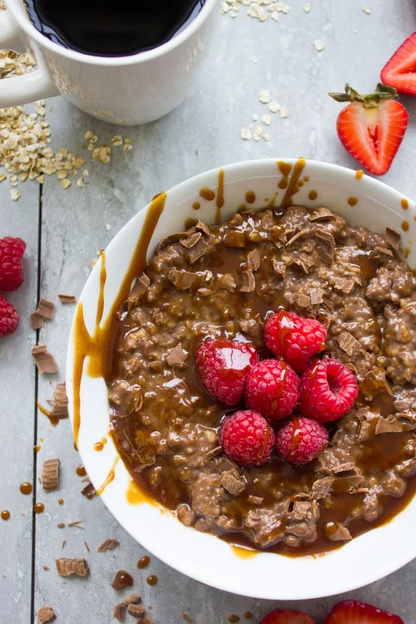 Chocolate Oatmeal Breakfast Bowl. the best way to start your morning--filling, healthy, let chocolate-y--get the recipe with ideas and tips to make this into a healthy breakfast bowl or a chocolate dessert! foodallianceblog.com