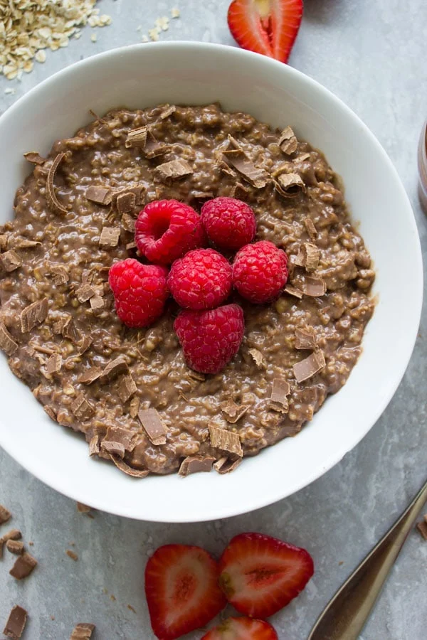 Chocolate Oatmeal Breakfast Bowl. the best way to start your morning--filling, healthy, let chocolate-y--get the recipe with ideas and tips to make this into a healthy breakfast bowl or a chocolate dessert! foodallianceblog.com