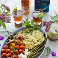 overhead shot of a bowl of Summer Pasta Salad Platter With Sweet Tea Dressing