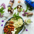 Summer Pasta Salad Platter With Sweet Tea Dressing. This will be our go to BBQ, picnic, potluck and all Summer long favorite! Platter style make your own pasta salad and an amazing herb sweet tea dressing to drizzle, plus get tips for throwing the perfect BBQ party! #SummerTastes foodallianceblog.com