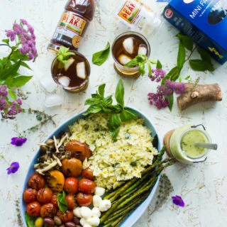 Summer Pasta Salad Platter With Sweet Tea Dressing. This will be our go to BBQ, picnic, potluck and all Summer long favorite! Platter style make your own pasta salad and an amazing herb sweet tea dressing to drizzle, plus get tips for throwing the perfect BBQ party! #SummerTastes foodallianceblog.com
