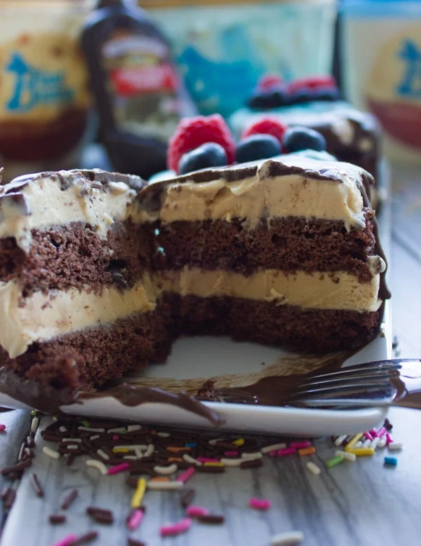 a mini chocolate and salted caramel ice cream cake but into to halves revealing the layers