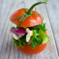 side view of a Kale Greek Salad Stuffed Tomato