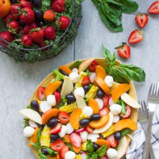 Summer Salad With Fruits & Basil. Swap your veggies, heavy dressings and bring on fruits, corn and some kale for a fresh BBQ salad favorite! Drizzled with a cream Basil Avocado Vegan dressing that you will use on anything and everything--not just the salad! Make this recipe today-foodallianceblog.com
