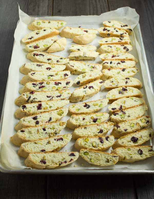 Cranberry Pistachio Biscotti baking on a tray