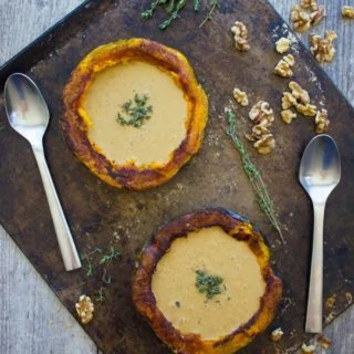 Walnut Squash Soup in Squash Cups. Divine, easy and smooth walnut soup with sweet roast squash, all served in squash cups! Vegan, luscious and creamy--PURE cozy comfort! foodallianceblog.com