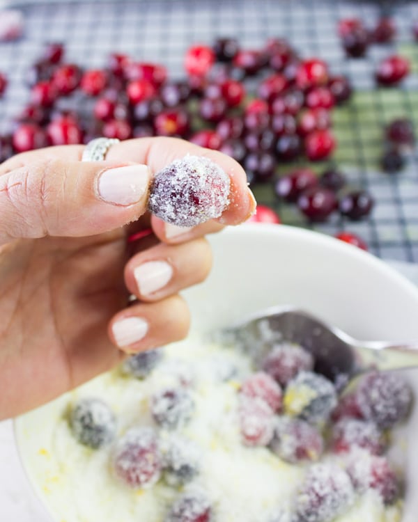 a hand holding a frosted cranberry