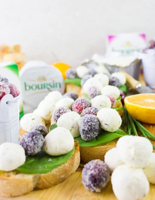 Frosted Cranberries with Boursin Cheese Crostini. Put the wow factor in your Holiday table appetizers with this easy, divine and gorgeous recipe! Get the step by step, plus tips and tricks to use Boursin and how to make perfect frosted cranberries this Holiday! foodallianceblog.com