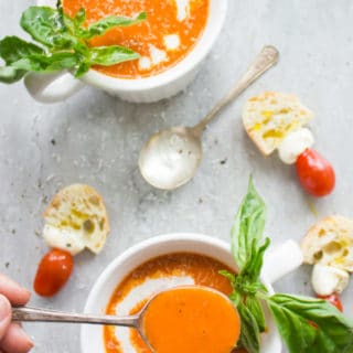 Luscious Carrot Tomato Basil Soup. This soups doesn't taste like marinara or carrots--it tastes like a sweet delicate tomato and basil soup that's seriously delicious and luscious! It all happens in a sheet pan in the oven and no fuss or cooking needed! Easy yummy comfort food! foodallianceblog.com