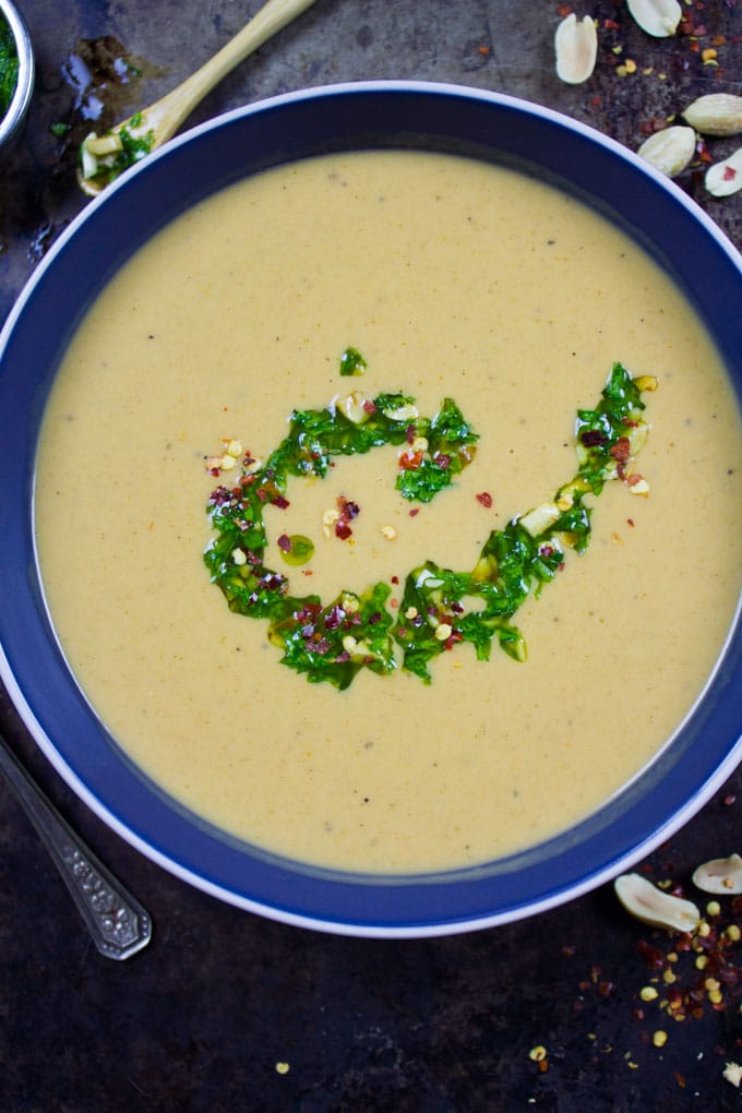 close-up of the soup bowl with an herb topping