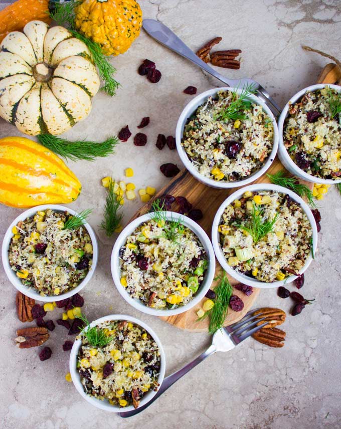 Quinoa Stuffing with Corn Cranberries Pecans and Dill served in individual ramekins