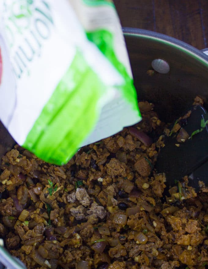 morning star crumbles being sauteed in a skillet
