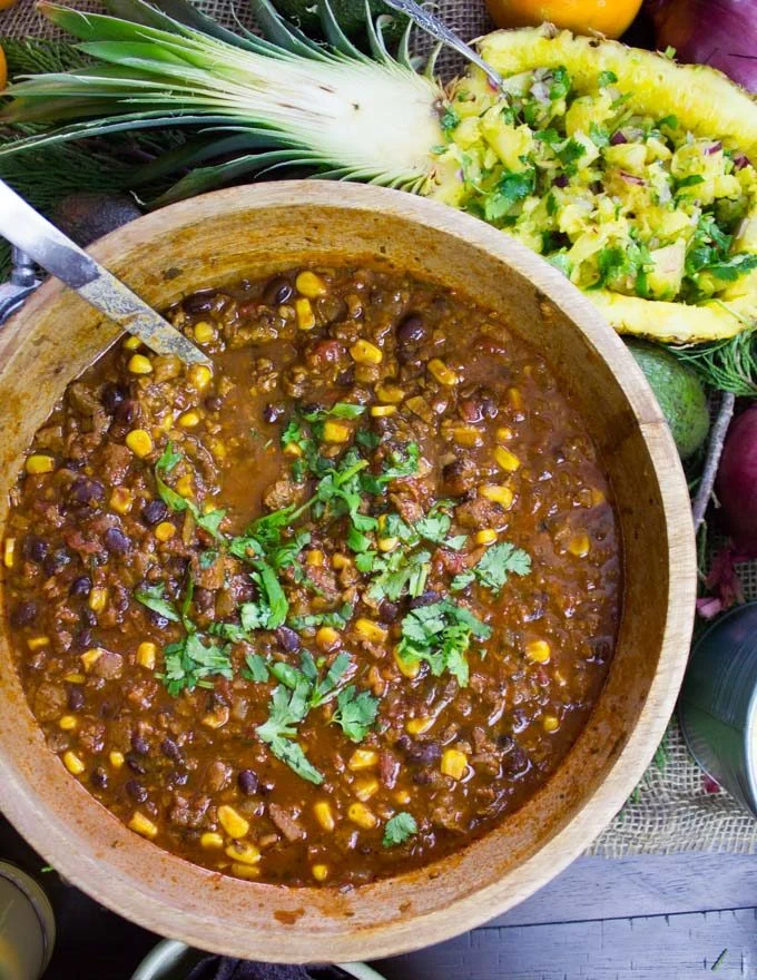 close-up of a pot of vegetarian chili
