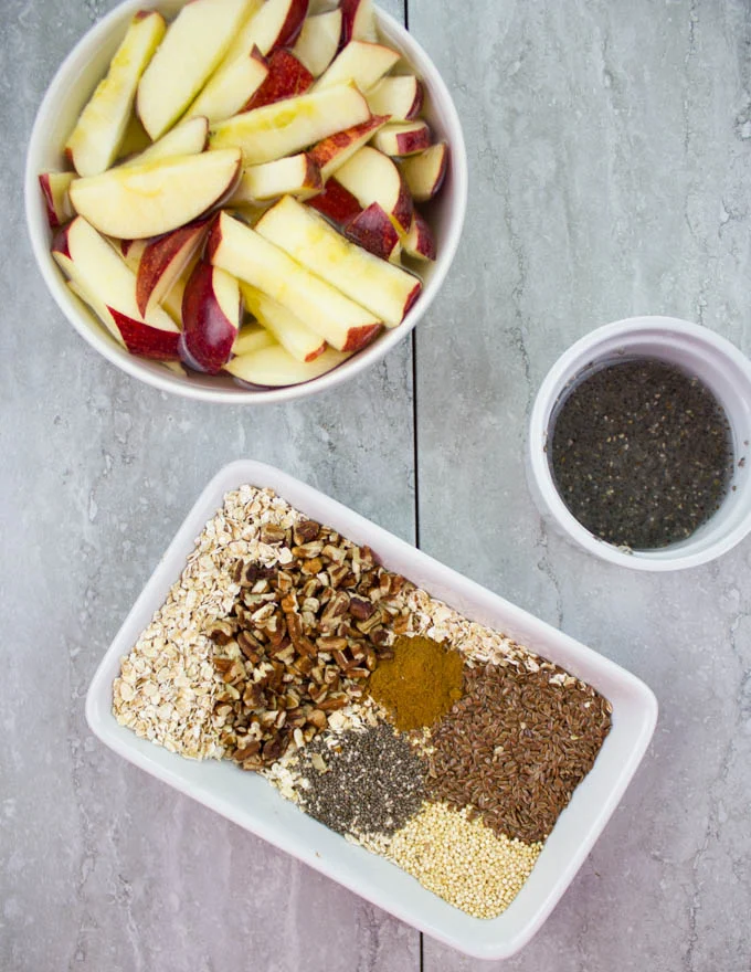 all ingredients for making baked apple fries gathered on a table