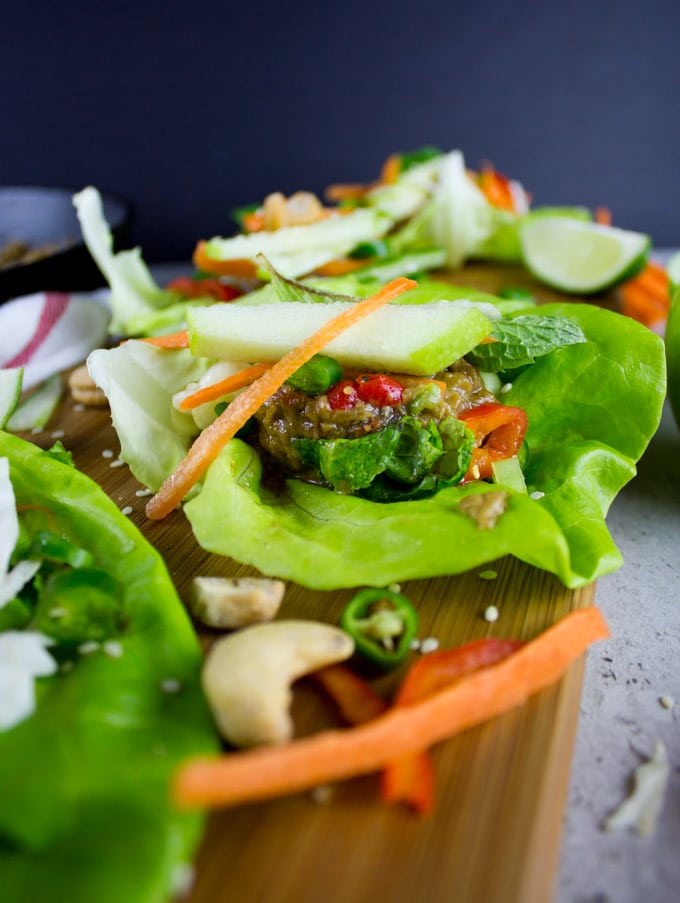 side view of Thai Chicken Meatballs lettuce wraps with Apple Peanut Sauce