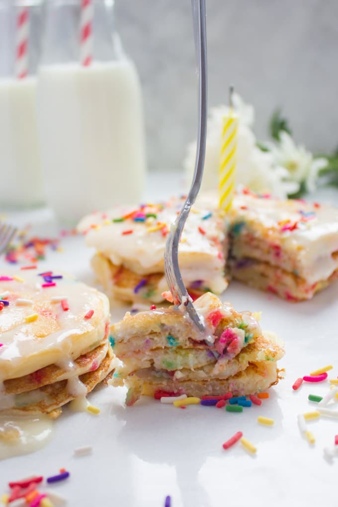 Fluffy Pancakes With Birthday Sprinkles. The perfect way to start your special day! Plus tips on making your pancakes fluffy no matter what your pancake skills are!