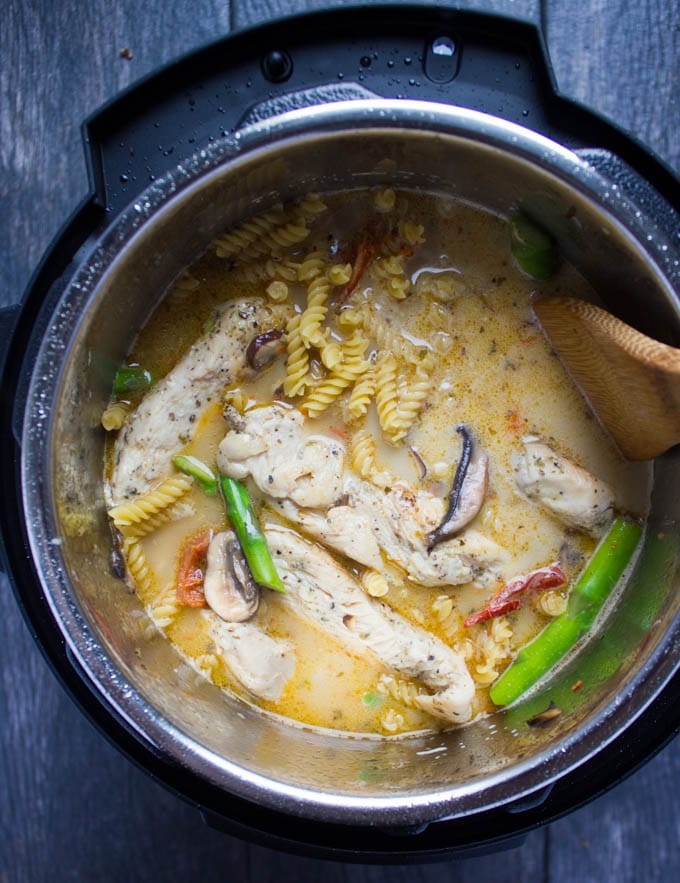 all ingredients for one-pot chicken pasta in an instant pot