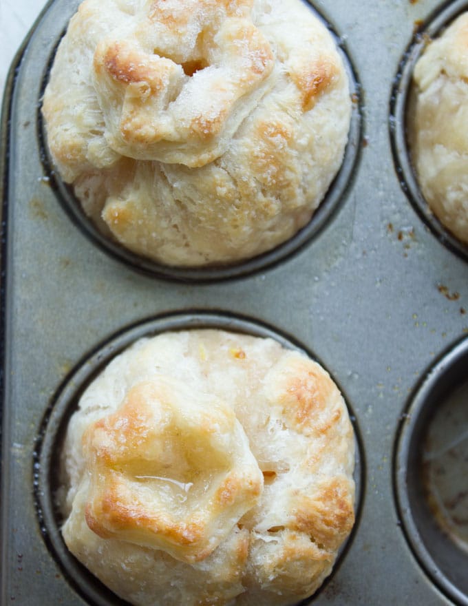 freshly baked whole apricot pies in a muffin tin
