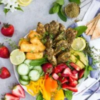overhead shot of Za'atar Chicken Salad with Fried Halloumi Cheese
