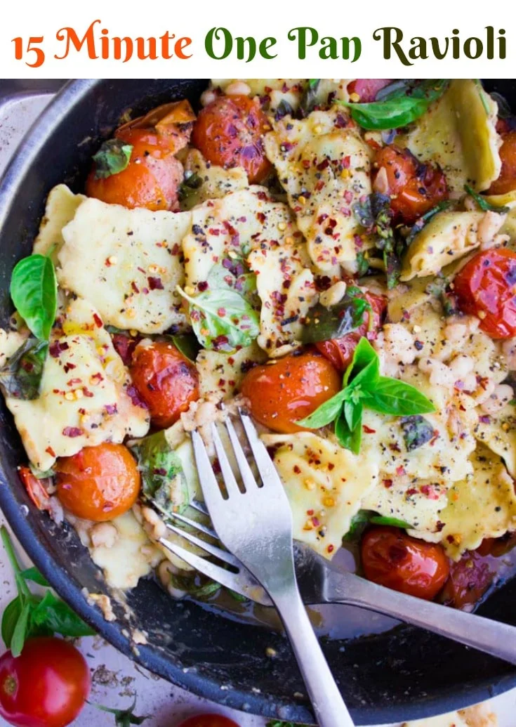 15 Minute One-Pan Ravioli with Tomatoes, Fresh Basil and Navy Beans | A quick vegetarian pasta recipe for busy weeknight dinners | foodallianceblog.com | #pasta, #easy, #onepot, #onepan, #vegetarian, #quick, #cheap, #Italian