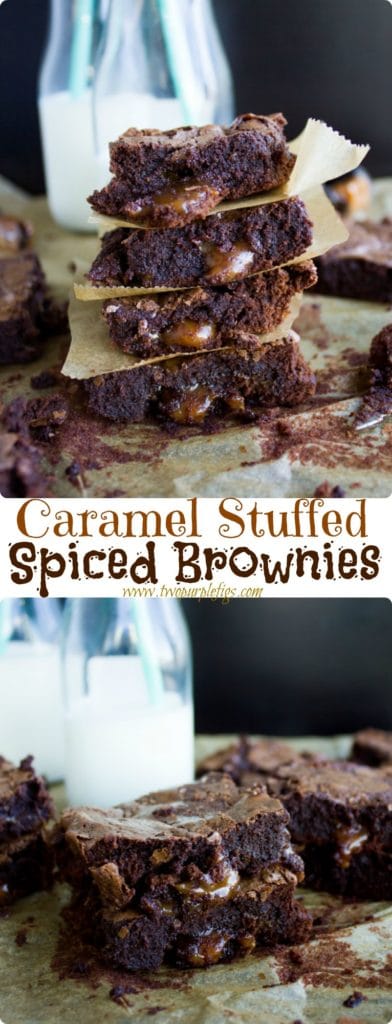 Caramel Stuffed Spiced Brownies - a cayenne-spiced, fudgy brownie with loads of golden caramel oozing out of every bite! Easy to make from scratch and so addictive! | foodallianceblog.com | #easy, #fromscratch, #brownie, #baking, #dessert, #fudgey,