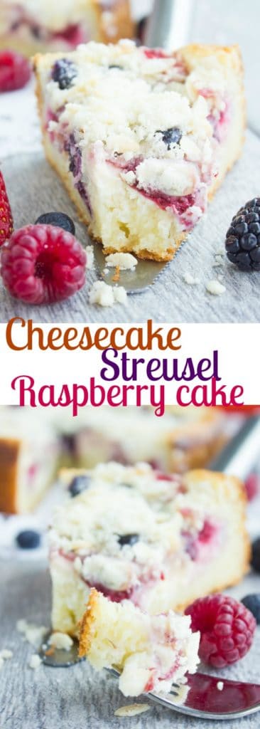 Cheesecake Streusel Raspberry Cake | a buttery layer of vanilla sponge cake, topped with a thin layer of vanilla cheesecake, fresh berries and a generous amount of buttery almond streusel crumb. | foodallianceblog.com | #easy, #dessert, #streusel, #fromscratch, #almond, #homemade, #simple, #summer