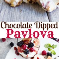 Chocolate Dipped Mini Pavlova | Make this easy recipe for pavlova nests filled with vanilla whipped cream, fresh fruit and raspberry sauce as a romantic dessert for Valentine's Day or any other party! |foodallianceblog.com| #easy, #fruit, #pavlova, #meringue, #valentinesday, #australian, #romatic, #light,