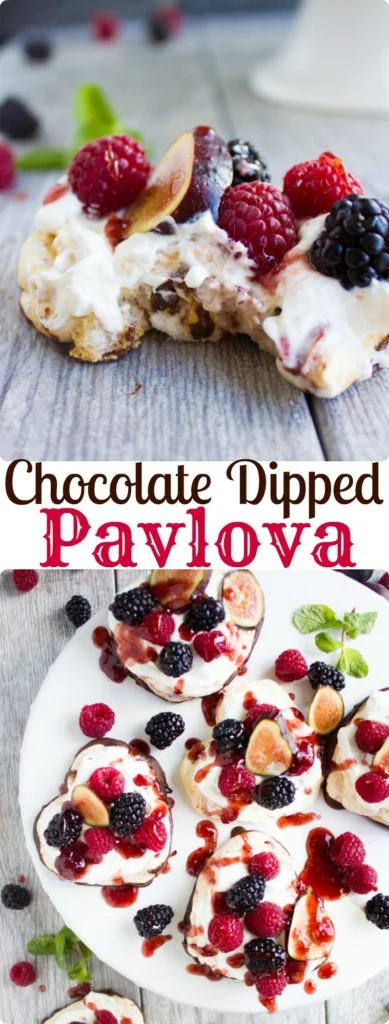 Chocolate Dipped Mini Pavlova | Make this easy recipe for pavlova nests filled with vanilla whipped cream, fresh fruit and raspberry sauce as a romantic dessert for Valentine's Day or any other party! |foodallianceblog.com| #easy, #fruit, #pavlova, #meringue, #valentinesday, #australian, #romatic, #light,