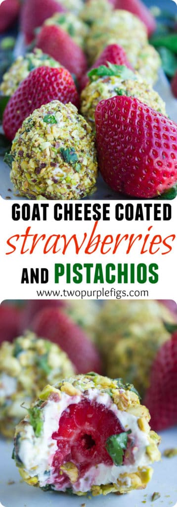 Goat Cheese Coated Strawberries with Pistachios | This easy healthy finger food recipe is perfect for festive occasions that require light bite sized snacks. | foodallianceblog.com | #healthy, #cleaneating, #appetizer, #pistachios, #glutenfree, #valentinesday