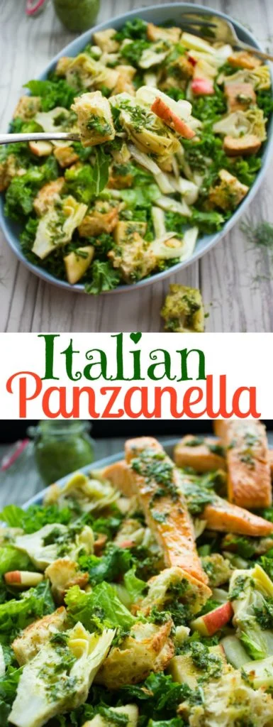 Italian Panzanella Salad | This gorgeous Tuscan Bread Salad with Kale, Artichoke Hears, Apple Slices and Fennel makes for a wonderful springtime meal. Tossed with a zesty homemade Basil Dressing and served with some broiled salmon on top, this Italian classic is special and sophisticated enough to be served at any dinner party or lunch. | foodallianceblog.com | #salad, #dishes, #Italian, #Tuscan, #easy, #spring, #forguests, #vegan, #panzanella