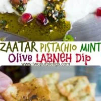 Easy Mediterranean Labneh Dip with Zaatar Pistachio Mint Topping - a light and healthy appetizer perfect for parties #labneh, #appetizer, #dip, #olives, #keto, #partyfood, #healthy,