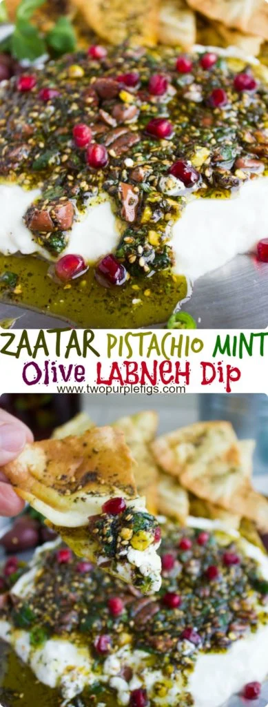 Easy Mediterranean Labneh Dip with Zaatar Pistachio Mint Topping - a light and healthy appetizer perfect for parties #labneh, #appetizer, #dip, #olives, #keto, #partyfood, #healthy,