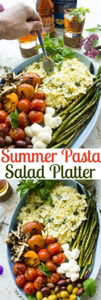 Summer Pasta Salad Platter with Sweet Tea Dressing | This Summer Pasta Salad with Sweet Tea Dressing is the perfect easy summer salad for big crowds. Perfectly cooked pasta, grilled veggies, fresh fruit and savory hard cheese drizzled with a fabulous Sweet Tea Dressing infused with fresh herbs, garlic and olive oil! | foodallianceblog.com | #healthy, #vegetarian, #salad, #simple, #vegetables,