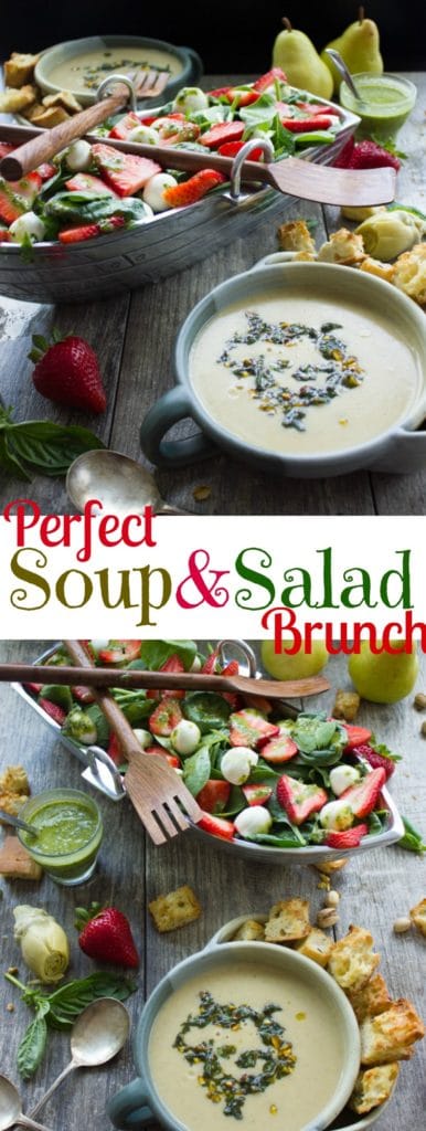 Strawberry Spinach Salad and Vegan Artichoke Soup | Try these easy spring dishes for Mother's Day or any festive brunch or lunch in spring | foodallianceblog.com | #easy, #brunch, #mothersday, #lunch, #vegan, #creamy, #healthy, #paleo, light