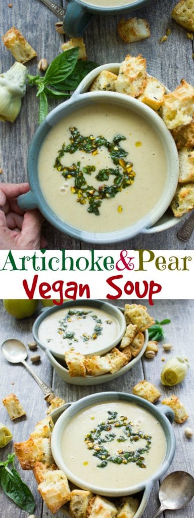 Vegan Artichoke Soup with Pears | a comforting creamy vegan soup served with a crunchy pistachio basil topping | foodallianceblog.com | #soup, #comfortfood, #vegan, #creamy, #easy, #homemade, #french,