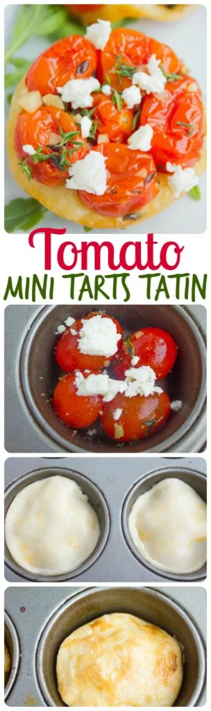 Mini Tomato Tarte Tatin - a summery savory twist in a French Classic! Make this showstopping appetizer in less than 20 minutes using my simple recipe! #tarte, #French, #puffpastry, #easy, #appetizer, #tomatoes, #feta, #mini