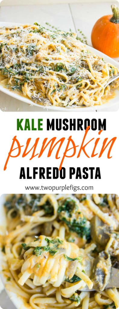 Kale Mushroom Pumpkin Alfredo Pasta | This Healthy Kale Squash Mushroom Pasta recipe is the perfect pasta dish! A quick and simple pasta recipe packed with flavor, colours and healthy veggies like kale, squash and mushrooms - all tossed in a light cream sauce that gives this quick pasta that luxurious feel of a creamy Alfredo sauce minus the guilt! | foodallianceblog.com | #fast, #healthy, #homemade, #creamy, #alfredo, #Italian, #dinner, #lunch, #meatless, #cheap