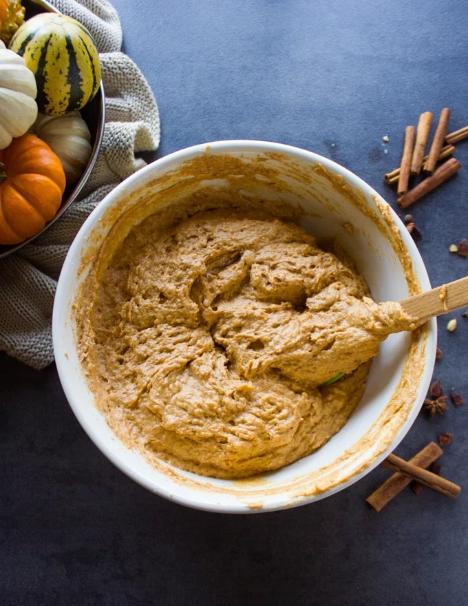 Pumpkin donut batter ready in a bowl